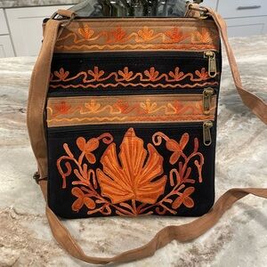 Chic Black and Orange Embroidered Crossbody Bag